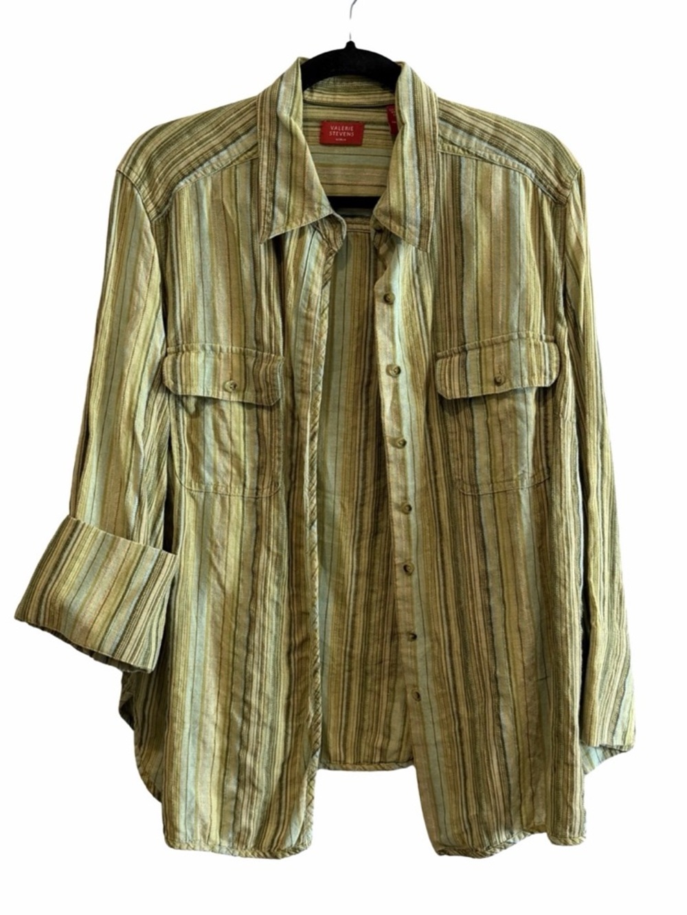100% Linen Valerie Stevens Olive and Tan Striped Button-Down Shirt